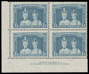 1938-49 Robes Thin Paper 5/- (two, one on Tinted Paper) 10/- & &pound;1 Authority Imprint blocks of 4, variable centring, unmounted, Cat $1475. (4 blocks)