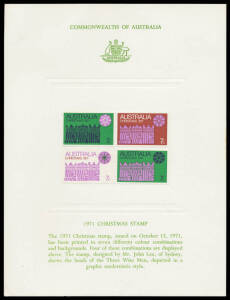 1966-75 Publicity Cards as released by the PMG's Department including for Weather Watch pairs & Intelsat block of 4, 1968 & 1970 Famous Australians booklet stamps, 1969 Primary Industries set, Captain Cook with 5c strip & another with 30c, Australia-Asia 