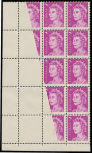 1966-71 QEII 7c bright purple lower-left block of 15 (3x5) with a pre-printing paper crease resulting in a huge Void Area affecting Eight Units to varying degrees with Two Units Completely Blank & another 99% Blank, unmounted. An astonishing and highly v