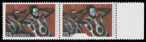 1971 Aboriginal Art 25c Body Painting horizontal pair from the right of the sheet, the second unit with the Black Printing Partly Omitted, unmounted. This is a newly discovered variant of the "Missing Black" error BW #565c-cb. In this instance, part of th