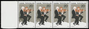 1977 Performing Arts 20c Violinists horizontal strip of 10 from the right-hand pane with selvedge at left & right. Unit 1 is normal; Unit 2 has Dark Grey Printing (violin strings & the rear chair) Partly Omitted; Units 3 to 10 have Dark Grey Printing (vio