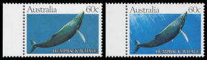 1982 Whales 60c with Solid Blue Background BW #930E(1), unmounted, Cat $350. With a normal stamp for comparison. Includes a photocopy of a 1985 Australia Post letter stating "... Cambec Press have advised that the stamps originated from an unapproved proo