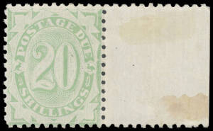 1902-04 Filled Tablet 20/- light green Perf 11 BW #D45 (SG D44) marginal example from the right of the sheet, very fresh & unmounted, Cat $11,500 (&pound;4250, mounted). Pristine! [This is likely to be the finest example of this rare stamp in existence. Our ven