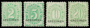 1902-04 Filled Tablet &frac12;d to 20/- complete with sans serif 'SPECIMEN' Overprint, very fresh & very lightly mounted (several may be unmounted), Cat $2100 (&pound;1100). An exceptional set. Advertised retail "POR". [Far superior to the "Shades of Green" set - a fe