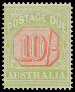 1913-23 Crown/Double-Lined A Thin Paper 10/- scarlet & pale yellow-green BW #D103 (SG D86), unmounted, Cat $2500 (&pound;1400 mounted). Chris Ceremuga Certificate (2002) states "Only 343 believed issued".