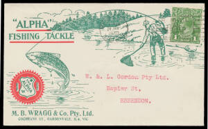 Cherry box of KGV Period covers mostly with Heads frankings, generally a bit pedestrian but with numerous better items notably advertising covers including two beautiful Alpha Fishing Tackle types, early slogan cancels & a few meters, datestamps including
