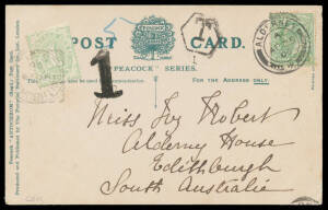 1904-07 three Tatts covers to Hobart with Postage Dues Blank Tablet 2d x2 or 4d & 1906 PPC from GB with 'ALDERNEY' (Channel Islands) cds & Filled Tablet 1d tied by 'EDITHBURGH/SA' squared-circle. (4)