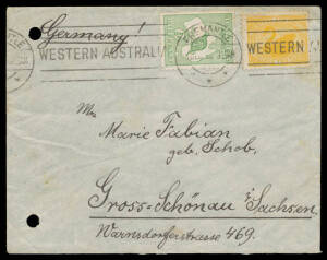 1913 commercial cover with Norddeutscher Lloyd imprint & endorsed "Abs Felix Fabian/Rabaul, Deutsch Neuguinea" both on the flap, to Germany apparently carried per favor to Fremantle where WA 2d & &frac12;d Roo added and tied by Fremantle machine cancel, filing h