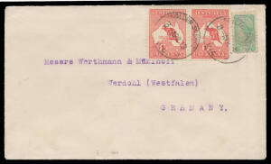 1913-14 combination frankings comprising 1) PPC to Germany with NSW &frac12;d & 1d Roo; 2) cover to Germany with Victorian &frac12;d & 1d Roo pair; and 3) philatelic cover with Tasmanian &frac12;d & &frac12;d Roo (3)