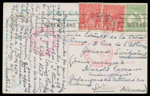 1915 (Mar 30) PPC to the Red Cross in Switzerland with &frac12;d Roo & KGV 1d red x2 tied by scarce Warwick (Qld) machine cancel, 'PASSED CENSOR/30MR15/BRISBANE' cds in red, two strikes of a very small & very rare 'UNDELIVERABLE.' h/s (26x2mm) in rosine & anothe