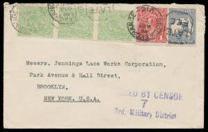 1917-25 commercial covers 1) 1917 to Switzerland with 2d Roo & &frac12;d KGV; 2) 1918 to New York with 2&frac12;d Roo plus KGV &frac12;d x3 & 1d tied by 'LATE/FEE - STOCK EXCHANGE/VIC' duplex; 3) 1917 to Switzerland with KGV 1d red single & block of 4, 'PINARO0/SA' squared-ci