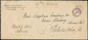 1922 double-rate cover with printed "No Dutiable Matter whatever is contained in this letter", to Pennsylvania "per SS Makura" with scarce franking of Third Wmk Roos 6d milky greyish blue (Cat $500 on cover) tied by very fine 'SPECIAL/=SYDNEY=' cds. The r