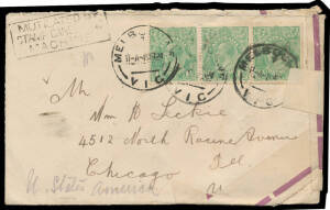 1924 cover to Illinois with KGV 1&frac12;d green & Melbourne cds, boxed 'MUTILATED BY/STAMP CANCELLING/MACHINE' h/s & damage at right repaired with pieces of selvedge from a 1d violet sheet. The rate was 3d for the first ounce + 1&frac12;d for each successive ounce.
