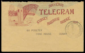 1932 Sydney Harbour Bridge Souvenir Telegram with message "Greetings on Opening of Bridge" & SE Pylon cds of 19MR32, plus the matching envelope (flap removed) similarly cancelled. (2 items)
