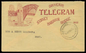 1932 usage of 'SOUVENIR TELEGRAM' for Opening of the Sydney Harbour Bridge with SE Pylon cds of 19MR32, plus the matching envelope with a largely very fine strike of the scarce 'SYDNEY HARBOUR BRIDGE/ -1- ' reserve cds. (2 items)