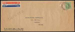 1933 (May 26) long Vacuum Oil cover (266x114mm) to Burma with 6d brown Kangaroo 'VOCo' perfin & KGV 1d green tied by 'LATE FEE/SPENCER ST VIC' cds, TAA airmail label, 'RANGOON/16JUN33' arrival b/s, vertical fold at left. The rate was 2d per ounce Empire r