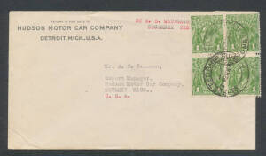 1933 commercial cover with Hudson Motor Car Co imprint & typed endorsement "By SS Maunganui", to the company's Detroit HQ with KGV 1d green x4 paying 3d rate + 1d late fee tied by the scarcer 30mm 'POSTED SHIP SIDE/SYDNEY' cds.