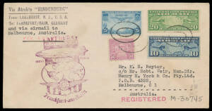 1936 philatelic cover from New York USA to Victoria "Via Zeppelin Von Hindenburg" with Times Square cancels & large Lakehurst Zeppelin cachet in purple at left, Melbourne arrival b/s of 30MY36. Very scarce. [Rodney Perry's commercial cover from the same f