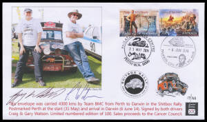 2014 Shitbox Rally cover with a photograph & autographs of the intrepid Watson Brothers & their valiant Mini Van from Team BMC ("Break, Mend, Continue"), #17/100 carried from Perth to Darwin via the Kimberley and the infamous Gibb River Road. Original cos