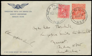 1934 (Jan 13) NSW-New Zealand AAMC #350 Kingsford Smith Air Services cover with KGV 2d tied by 'MASCOT/NSW' cds & NZ 1d tied by 'NEW PLYMOUTH' cds for the return flight, signed by the pilot "CKingsford Smith", Cat $650.