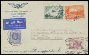 1934 (Oct 21) Brisbane-Fiji-Honolulu-San Francisco AAMC #455 flown by Sir Charles Kingsford Smith & PG Taylor in a Lockheed Altair 8D "Lady Southern Cross", Fiji transit cds on KGV 3d and Hawaii cds on USA 3c, Los Angeles arrival b/s of NOV5/1934, signed