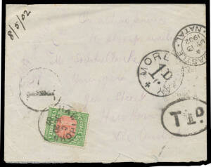 BOER WAR: 1902 OAS cover endorsed "CW St John Clarke Lt/4th Battn ACH" to Victoria with 'NEWCASTLE/NATAL' cds & '1D' tax h/s, unusually routed via Sydney (b/s) where 'MORE TO PAY/1D' h/s added, at Melbourne (b/s) 'T1D'-in-oval h/s added, Victoria Postage 