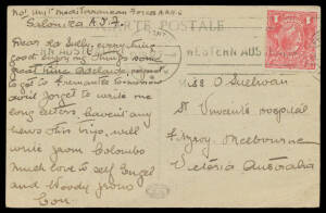 WORLD WAR I: 1917 PPC of SS "Mooltan" to Melbourne with KGV 1d red tied by Fremantle machine cancel of 19JUN17, message headed "No 1 Unit Mediterranean Forces AANS/Salonika AIF" & written at sea by a nurse en route to Greece. The only such item we have se