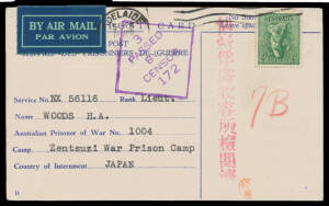 WORLD WAR II: 1944 blue/white printed POW postcard from the same correspondence at the 4d concessional airmail rate, also censored at Melbourne & with large Japanese "chop", remarkably fine.