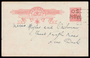 POSTAL CARDS - OFFICIAL: 1911 Fullface 1d with 'OS/NSW' perfin #P23ea for Sydney Harbour Trust, local usage in 1913, minor aging, Cat $1000. Rare. A new discovery; only the third example - all used - recorded. [The ACSC states "The 'OS/NSW' puncture is be