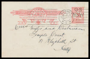 POSTAL CARDS - OFFICIAL: 1913 Kangaroo 1d red with Heading Plate 1 & 'OS/NSW' Perfin BW #P24(1)eb, printed notice for Sydney Harbour Trust, used at Sydney in 1913, Cat $400. [The Sydney machine cancel is most unusual; the datehead is a "bridge" type that 