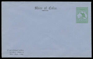 ENVELOPES - STAMPED TO ORDER: 1913 Kangaroo &frac12;d green on blue stock #ES1 for The Shire of Colac, unused, Cat $400.