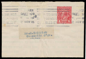 LETTER SHEETS - STO: 1918 (Sep) 1d red Die 1 with '1' under the flap BW #LSS5 uprated for the war tax with Adelaide 'PAID &frac12;D' slogan cancel of 2NOV18, remarkably with the address label intact, central vertical wrinkling, Cat $2000. [The roneo'd letter dat