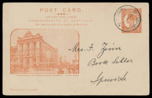 Small group with NSW two Paquebot PPCs, Queensland taxed PPC to South Africa & two very fine used scenic Postal Cards in purple-brown & orange-brown, WA 2d perf 'OS' on cover with embossed WA Coat of Arms on the flap, etc, generally fine to very fine. (9)