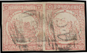 1850-51 Sydney Views Plate I (No Clouds) Hard Bluish Paper 1d pale red SG 6 horizontal pair [19-20], margins just touching - at upper-right - to large, BN '46' of Gundagai, Cat &pound;950+.