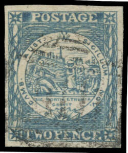 1850-51 Sydney Views Plate II (Horizontally Lined Background) Early Impressions 2d indigo with No Whip SG 21e [8], good even margins, bars cancel of Sydney clear of the variety, Cat &pound;450. Ex Guy Hutson.