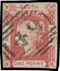 1851-63 Laureates Thick Yellowish Paper 1d carmine with No Leaves to Right of 'SOUTH' SG 44a, margins just clear to large with a fragment of the adjoining unit at right, fine strike of BN '64' (with Reversed '4') of Maitland well clear of the variety, Cat