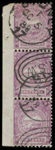 1888-89 Centennial Large 'NSW' Wmk on Revenue Paper 1d mauve SG 259a vertical strip of 3 from the left of the sheet Imperf at Left and with Marginal Watermark 'SOU' Only, Sydney duplex of OC5/89.