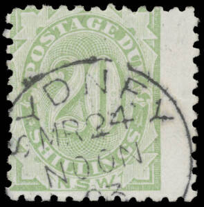 POSTAGE DUES: 1891-97 Perf 10 20/- green BW #ND37 (SG D10) wing-margin example from the right of the left-hand pane, very fine 'SYDNEY/MR24/NOON/93' cds. The only postally used example we have recorded. Chris Ceremuga Certificate (2015) states "Great rari