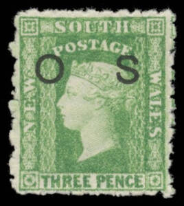 OFFICIAL OVERPRINTS: 1882-85 Wmk '40' Perf 10 3d yellow-green with Double Overprint One Albino SG O22aa, characteristic rough perfs, large-part o.g., undercatalogued at &pound;150. RPSofV Certificate (2009) as SG O22var. Gibbons listed this variety only from t