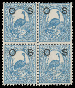 -1888-90 Centennial 2d Emu with Double Overprint One Albino SG O40aa block of 4, virtually full o.g. with the lower units being unmounted. Unpriced by Stanley Gibbons. [The albino overprint is displaced 3mm to the left]