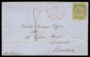 1850 outer to London with a very fine example of Sydney Views 3d yellow-green/yellowish paper SG 39 [14; excellent colour & large even margins] tied by bars cancel, light Sydney cds of OC*14/1850 in red alongside, poor London arrival b/s, horizontal filin