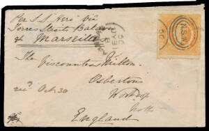 1866 cover endorsed "Per SS Hero via/Torres Straits Batavia/& Marseilles", to Nottinghamshire with Perf 13 8d red-orange SG 167a (and a 2d stamp lost) tied by Sydney duplex of '66/JY31', fair 'WORKSOP/OC30/66' arrival b/s, repaired flap faults. A great ra