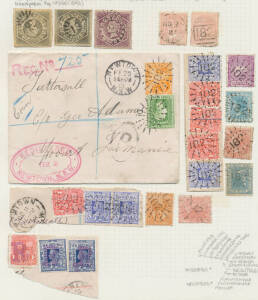 POSTMARKS: Seven pages of Newtown markings with Rays '182' Type 1 (rated R) x3, Type 2 range including on a Tatts cover with superb triple-oval 'REGISTERED/NEWTOWN NSW' d/s & 'REG No' h/s both in rosine, various duplexes including on 5d on 1891 registered