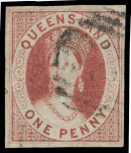 1860 Large Star Imperf 1d carmine-rose SG 1, large even margins with full outer framelines, rich colour, indistinct Barred Numeral cancel, Cat &pound;800. An unusually large & attractive example of "Number One".