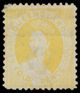 1868-78 Crown/Q Perf 12 4d yellow First Transfer SG 102, unusually well centred, a couple of minor blemishes, unused, Cat &pound;1400. A very scarce stamp in unused condition.
