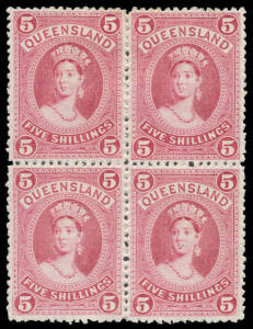 1882-95 Large Chalons Thick Revenue Paper 5/- bright rose SG 159 block of 4, some characteristic irregular perfs, part- to large-part o.g., Cat &pound;192++. A very scarce multiple.