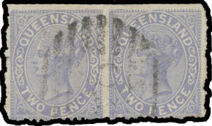 1882 Second Sidefaces with Lined Background Perf 12 2d blue horizontal pair Imperforate Between SG 168a, indistinct Barred Numeral cancellation, undercatalogued at &pound;3000. RPSofL Certificate (2007). Ken Scudder at page 122 states "On at least one occasio