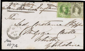 1874 neat cover to Yorkshire "via Sydney/& San Francisco" with 3d greenish grey & 6d yellow-green tied by 'BRISBANE/ 2 /JA14/74/QUEENSLAND' cds, 'WHITBY/MR10/74' arrival b/s, piece of the flap missing. Carried per "City of Melbourne", departed Sydney 17/1