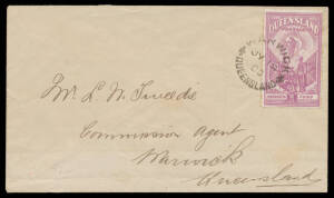 1900 local cover with Boer War Charity 1d SG 264a tied by 'WARWICK/JY1801/+QUEENSLAND+' cds, the reverse stained.