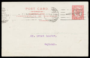 POSTAL CARDS - OFFICIAL: 1911 Four LIne Heading on Undivided Face as HG 17 with 'OS' perfin, for Department of Public Lands, to Gayndah in 1913 with Brisbane machine cancel. Very rare: unlisted in Higgins & Gage and only the second example we have recorde